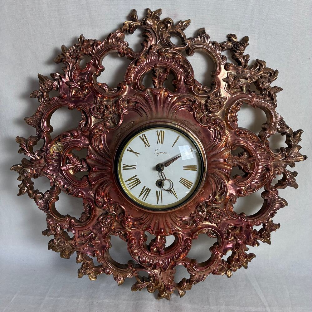 Vintage Syroco 8 Day Wind Up Wall Clock 3286 Rose Gold Copper Rococo Floral wKey